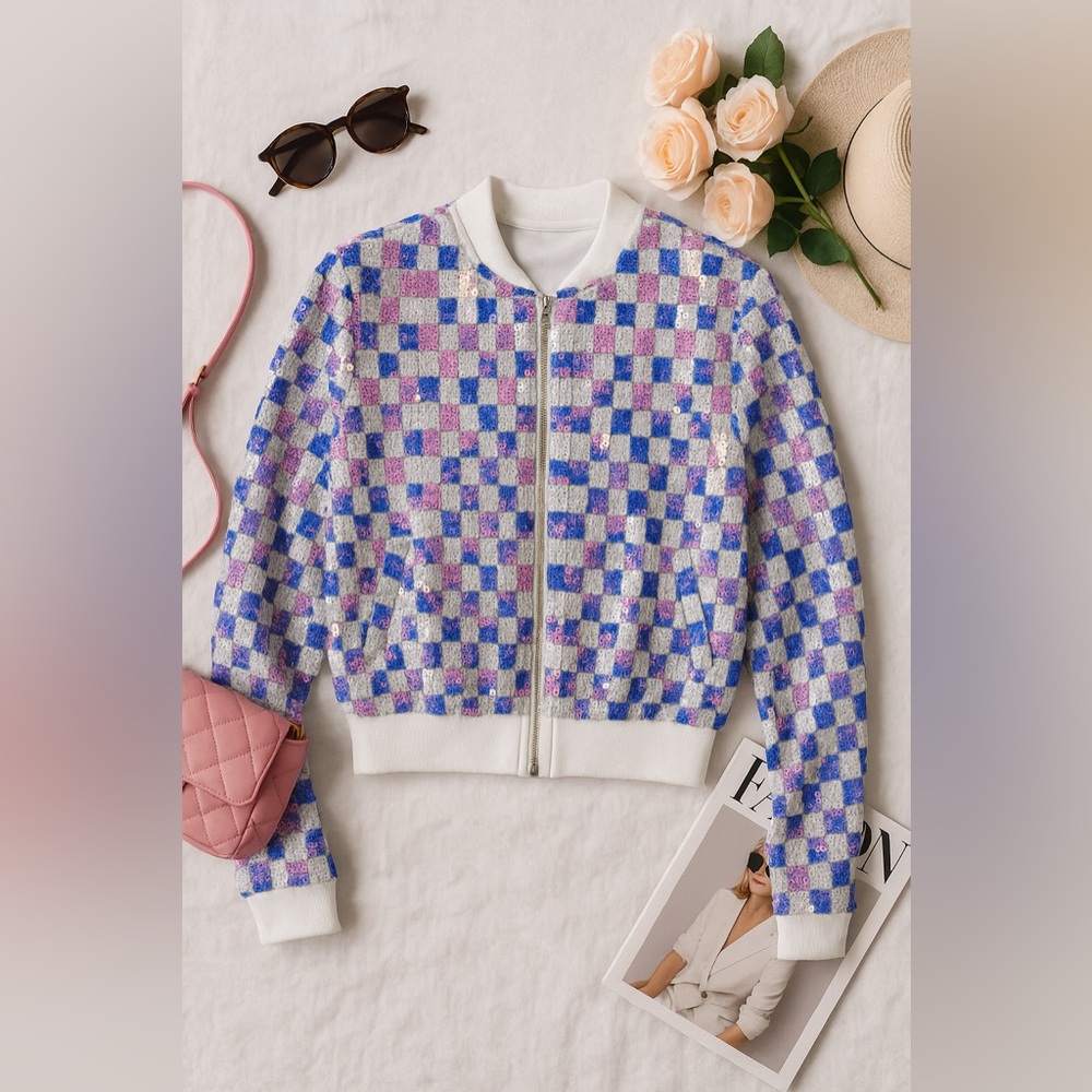 Forever 21 Sequin Checkered Bomber Jacket Size Medium NWT